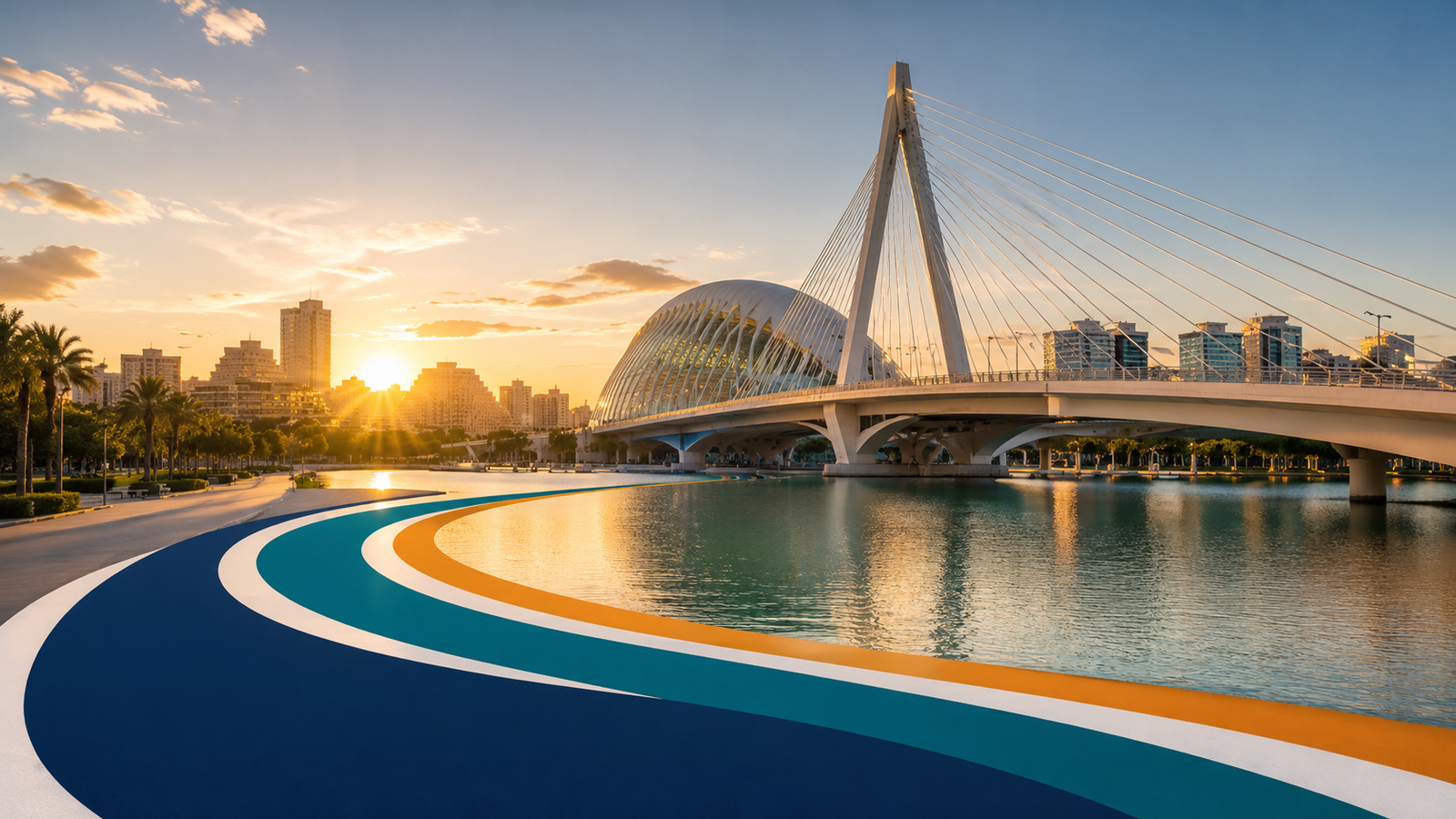 Amanecer sobre el Puente de l'Assut de l'Or, en la Ciudad de las Artes y las Ciencias de Valencia